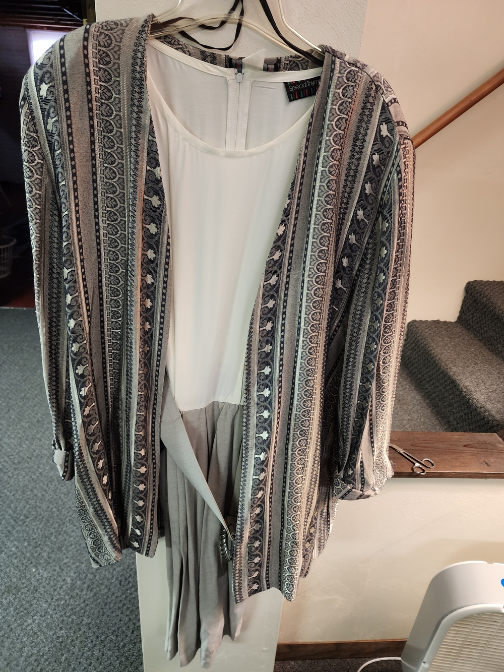 Special Thyme 80's Striped Open-Front Women's Dress And Jacket- Gray/Cream